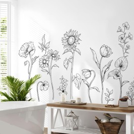 Large Black and White Flower Wall Decals Simple Modern Minimalist Sunflower Tulip Flower Wall Stickers Peel and Stick Floral Wall Art Decal for Girls Bedroom Living Room Office Adult Home Decor