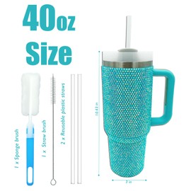 XMYAINA 40oz Bling Tumbler with Handle and Straw Lid Rhinestone Studded Tumbler Cups Vacuum Insulated Stainless Steel Double Wall Water Bottle Travel Mug Gifts for Women Her (Blue)