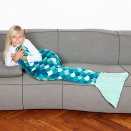 The Soft Mermaid Blanket, Microfibre Plaid for Children, Plaid for Sofa, Mermaid or Mermaid Blanket, Blanket Bag, Sleeping Bag, Travel Blanket, 135 cm Long, with Fin, Turquoise