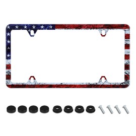 Vintage American Flag License Plate Frame Patriotic USA Flag License Plate Holder Stainless Steel Auto Parts Decoration with Screws for Men Women License Plate 4 Holes 1pcs