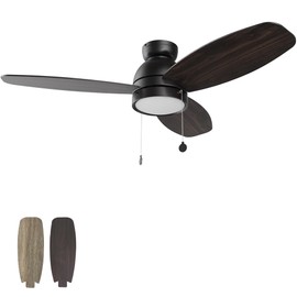 52” Black Ceiling Fans with Lights, 5 Speeds Reversible DC Ceiling Fan with Pull Chain, 3 Light Colors Dimmable Flush Mount Low Profile Ceiling Fan For Indoor & Outdoor
