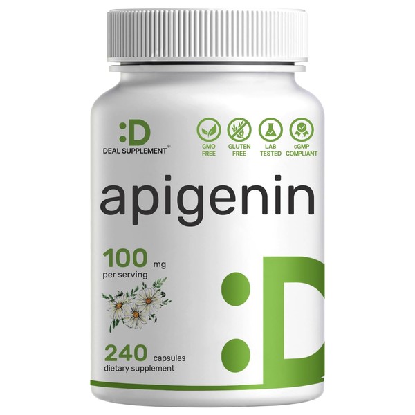 Apigenin, 100mg Per Serving, 240 Capsules – Raw Plant Extract from Chamomile Flower – Active Bioflavonoids & Antioxidants – Sleep & Relaxation Supplement – Non-GMO