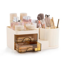 Corkovia Makeup Organiser with Drawers, 360 Rotating Skincare Organizer, Multifunctioanl Vanity Organizer, Cosmetic Storage Box Ideal for Dressing Table, Bathroom, Desk, Bedroom (Cream)