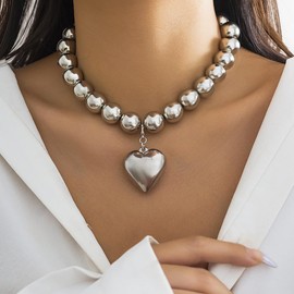 Chunky Puffy Heart Choker Necklace Punk Big Heart Pendant Adjustable Pearl Chain Heart Necklaces for Women Girls, Zinc, No Gemstone