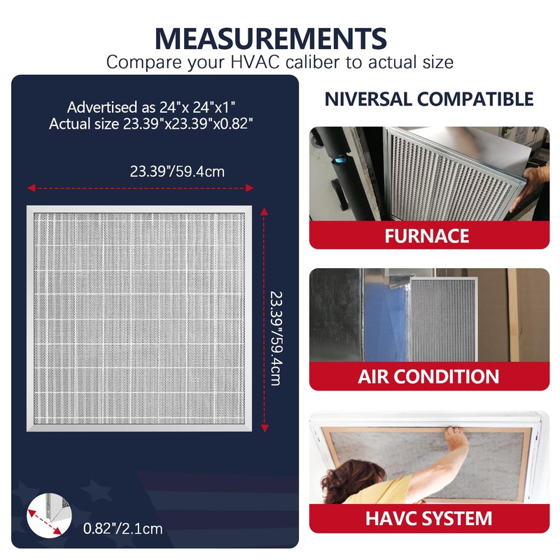Demiwise 24x24x1 Electrostatic Air Filter, Washable & Reusable Aluminum AC/HVAC