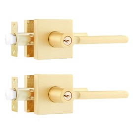 Leydebong 2 Pack Heavy Duty Complete Exterior Keyed Entrance Handleset(Keyed Alike), Gold Door Handle, Lever Door Handle, Left or Right Handing, Door Handle with Lock and Key