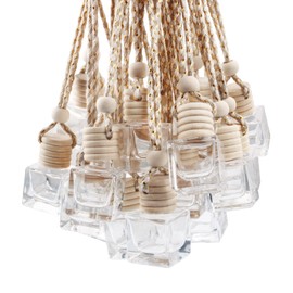 DMuuuDM 20 Pcs Hanging Car Air Freshener Diffuser,Empty Refillable Clear Square Glass Essential Oil Hanging Decor Aromatherapy Fragrance Pendant Vials with Wooden Caps & Hanging String