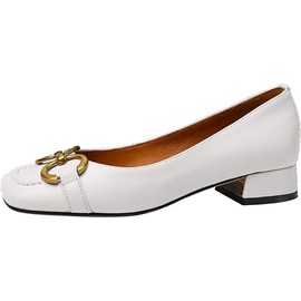 Women's Low Chunky Block Heel Pumps White Ballet Flats Slip on Square Closed Toe Thick Ballerina Heels Leather Horsebit Classic Casual Comfortable Work Ladies Dressy Flat Shoes