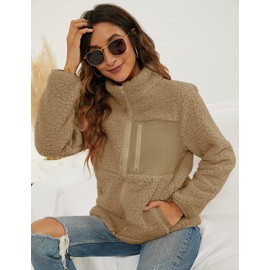 VVK Sherpa Fleece Jacket for Women,Faux Shearling Shaggy Full Zip Coats Warm Winter Outerwear with Pocket (Khaki, XXL)