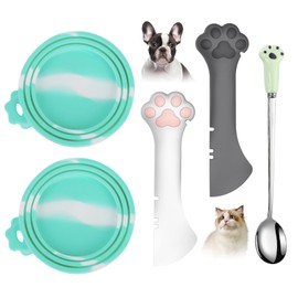 Comtim 5 PCS Pet Food Can Lids & Spoons Set - Silicone Dog Cat Food Can Covers Lids Top/Multi-Function Cat Food Spoon Spatula Can Opener for Wet Food/Long Handle Spoon Easy to Scoop Food