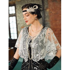 SWEETV Women's Evening Shawl,1920s Sequin Beaded Flapper Shawls Wedding Shawl Wraps for Party/Bride/Formal/Harlem night,1920s Accessories for Women,White
