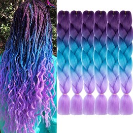 6pcs/lot Ombre Jumbo Braiding Hair Extensions 24 Inch High Temperature Synthetic Fiber Braids Hair Extensions for Crochet Twist Braid Hair (24" purple to lake blue to purple)