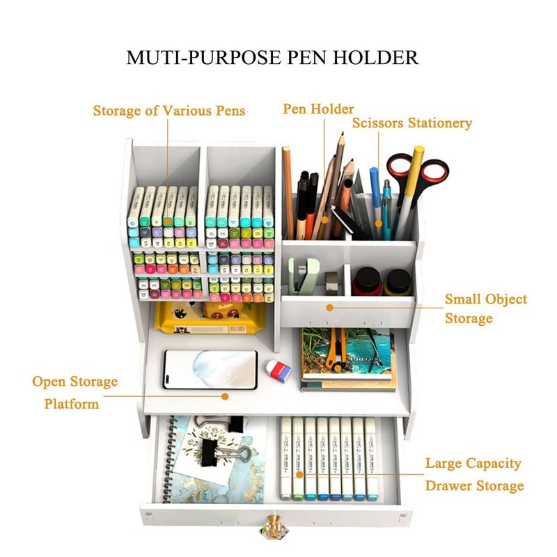 Hggzeg Desk Organiser with Drawer, Multi-Purpose Pen Holder, Stationery Desk