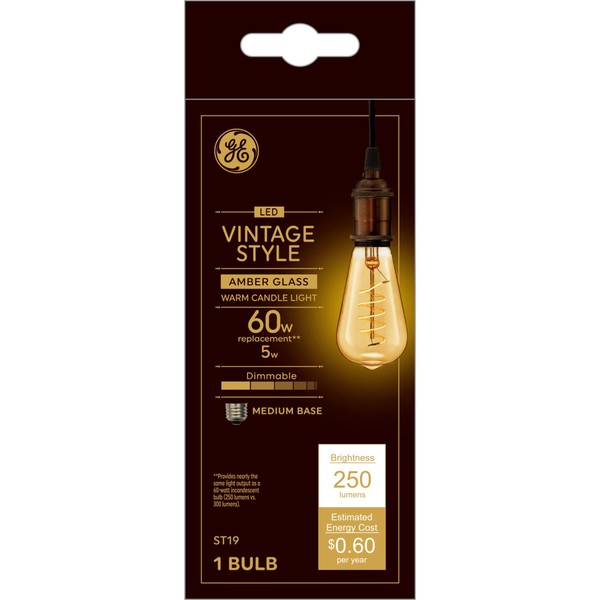 GE Vintage Style LED Light Bulb, 60 Watt, Amber Finish, ST19 Edison Style Bulb (1 Pack)