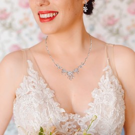 Clearine Bridal Jewellery Sets for Women Marquise Shape Drop Cubic Zirconia Flower Leaf Cluster Vine Necklace Us Earrings for Wedding Banquet Clear Silver Tone, Cubic Zirconia, Cubic Zirconia