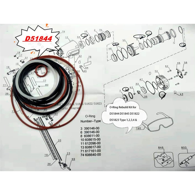 D51844 O-Ring Maintenance Rebuild Kits for DeWALT D51844 D51845 D51822