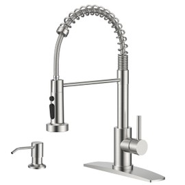 FORIOUS Kitchen Faucet with Soap Dispenser, Brushed Nickel Stainless Steel Kitchen Sink Faucet with Sprayer Single Handle, Pull Out Faucet for Kitchen Sink, Farmhouse, Bar, RV, Camper