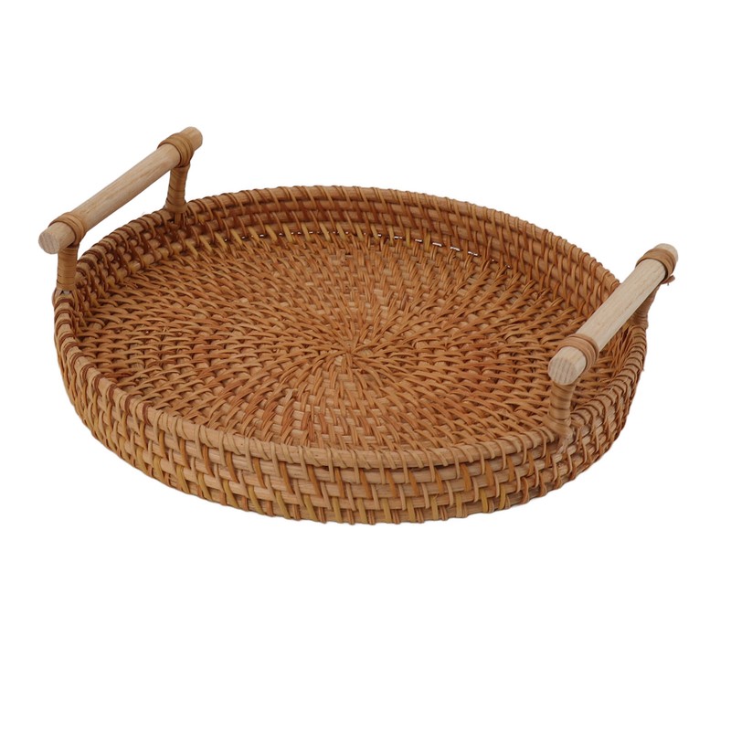 Rattan Fruit Tray with Solid Wood Handles Exquisite Hand Woven