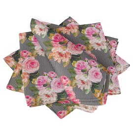 S4Sassy Grey Stripe & Ranunculus Floral Cotton Napkin Printed Everyday Basic Washable Table Linen 18 x 18(Pack of 6)