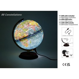 Exerz Illuminated World Globe 20cm Diameter Wooden Base - Political Map in English (Day) - Constellation Stars (Night) - Light Up LED Lamp
