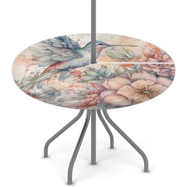 Hummingbird Round Outdoor Tablecloth with Umbrella Hole,Patio Table Cover Fitted Tablecloth Waterproof Umbrella Table Cover for Party Picnic, Fit for 45"-56" Round Tables