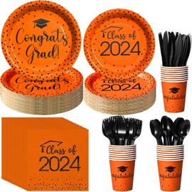175pcs Class of 2024 Graduation Plates and Napkins Set, Disposable Paper Plate Set Polka Dots Plates Napkins Cups Knife Fork Spoon for Graduation Party Decorations and Supplies,Serve 25（Orange Black）