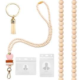 Teacher Lanyard, Teacher Lanyard with Id Badge Holder Wood Beaded Lanyard Cute Teacher Necklace for Women Cards Key Chains