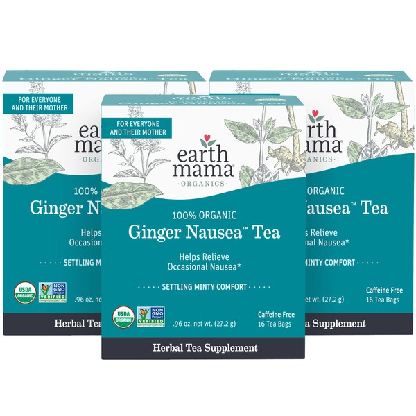 Earth Mama Organic Ginger Nausea Tea | Comforts Occasional Nausea + Morning Sickness, 16 Teabags Per Box (3-Pack)