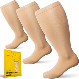 RAYSHARP 3 Packs Plus Size Compression Socks Wide Calf for Women and Men - Support Socks 20-30 mmhg Knee High Stockings for Extra Wide Calves Big Swollen Leg Nude 3XL