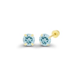 Solid 14K Yellow Gold 3mm Round Natural Aquamarine March Birthstone Solitaire Ball Screw Back Stud Earring