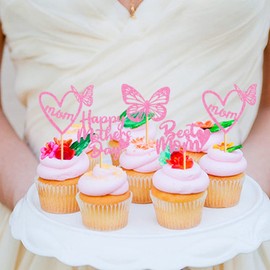Keaziu Paquete de 36 adornos para cupcakes con diseño de mariposa, mejor mamá, tema de mamá, feliz día de la madre, para mujer, fiesta de cumpleaños, decoración de pasteles, color rosa