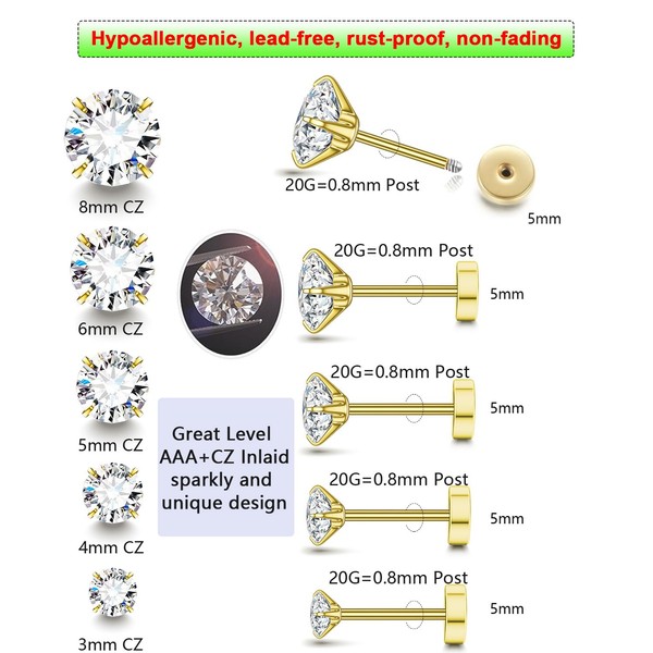 5Pairs Gold Flat Back Stud Earrings Set for Women Men,Hypoallergenic