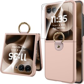 Miimall Thinnest for Razr 2025 Ultra Case Shockproof, with HD Screen Protector & Multifunctional Metal Ring Holder Anti-Shock Anti-Fingerprint Cases for Moto Razr 2025 Ultra Case for Women, Gold