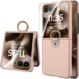 Miimall Thinnest for Razr 2025 Ultra Case Shockproof, with HD Screen Protector & Multifunctional Metal Ring Holder Anti-Shock Anti-Fingerprint Cases for Moto Razr 2025 Ultra Case for Women, Gold
