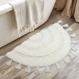 Half Circle Boho Bathroom Rugs with Tassels Beautiful Soft Handcrafted Cotton Boho Bath Mat Crochet Rug Non-Slip Absorbent Washable Rug Cute Bath Mat Carpet for Boho Bathroom Decor Tub Shower 42"x22"