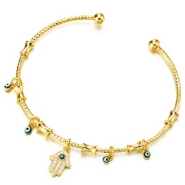 COOLSTEELANDBEYOND Womens Gold Color Hamsa Hand of Fatima Evil Eye Charm Cuff Bangle Bracelet, Elastic Adjustable(CA)