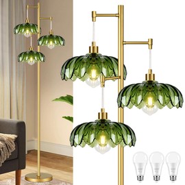 AHDWDW Gold Floor Lamp for Living Room Bedroom,Modern Floor Lamps with Unique Green Glass Shades,3 Lights Mid Century Tall Standing Lamp,Vintage Tree Flower Floor Lamp for Corner Office Reading