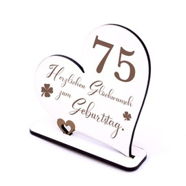 Dekolando 75 Jahre Deko Herz Aufsteller 15cm x 15cm - Geburtstag 75er weiß Holz Tischdeko zum verschenken