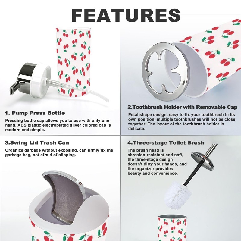 Bathroom Accessory Set 6 Piece red Cherry Pattern Cherry Pattern