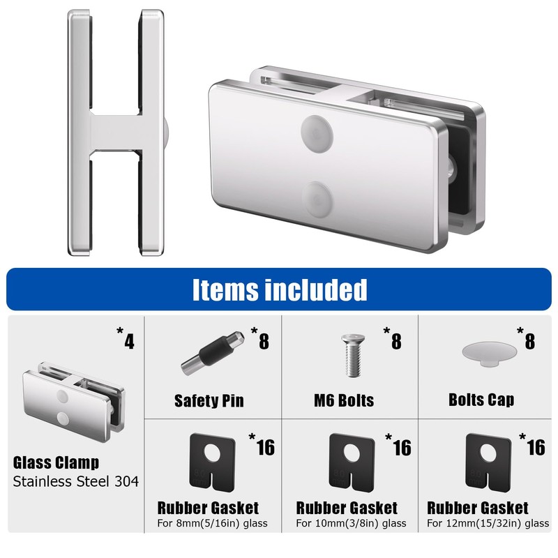 Railing Glass Clamp, 4 Pack Stainless Steel 304 Adjustable 180°
