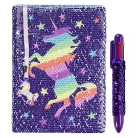 Fringoo® Reversible Sequin Diary with Multipoint Rainbow Pen for Girls Boys A5 Notebook with Bookmark Glitter School Unicorn Notepad 80 Pages (Rainbow Unicorn)