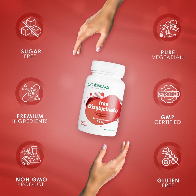 AMBROSIAL Ambrosial Iron Bisglycinate high Absorption Iron Supplements 28mg- Gluten