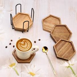 Unique Acacia Wood Coasters with Holder Decorative Wooden Coasters for Coffee Table Coaster Set of 6 Drink Coasters Cute Room Decor Accessories Bar Decoration Gift Cool Outdoor Cup Coasters