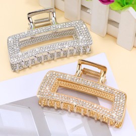Vovii 2Pcs Square Rhinestones Claw Clips for Women, Sparkly Bling Metal Hair Clips for Thick/Thin Hair