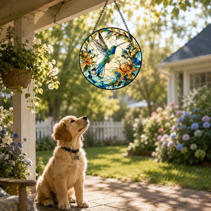 Hummingbird Sun Catcher, Stained Glass Window Hanging for Home Decor,