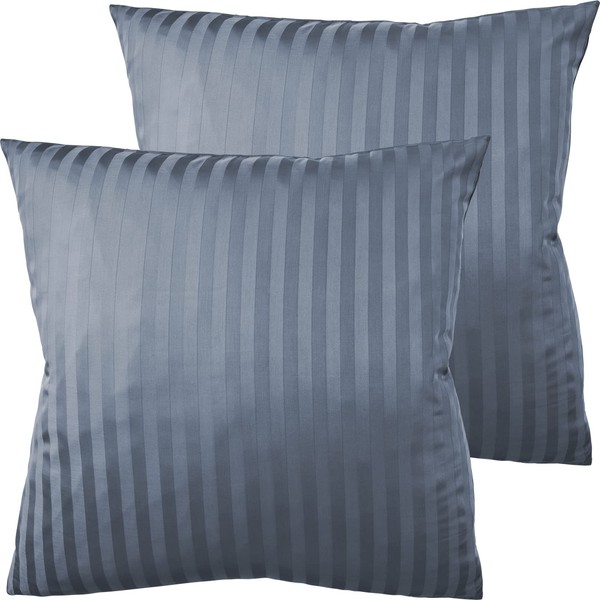 Pure Label Set of 2 Mako Satin Damask Striped Dark Blue Pillowcases 80 x 80 cm, 100% Cotton - Incredibly Soft Cushion Covers, Matches Our Bed Linen Sets
