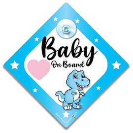 Blue Dinosaur Baby On Board Sign, Baby On Board Sign, Blue Baby Dinosaur Car Sign, Advisory Car Sign Designed to Let Other Road Users Baby is in The Car, 14 cm x 14cm x 2cm