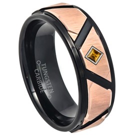 Black & Rose Gold IP Tungsten Carbide Wedding Band with 0.05ctw Princess Cut Citrine Tungsten Ring - Comfort Fit Tungsten Anniversary Ring - WG Bezel