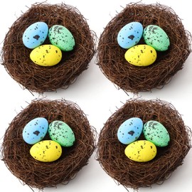 Realspring 4 Set Robin Nest with Eggs for Easter Home Decor Artificial Rattan Birds Nest 2.36 inch Foam Speckled Eggs for DIY Garden Yard Home Party Easter Spring Decor(Cyan, Yellow, Blue)