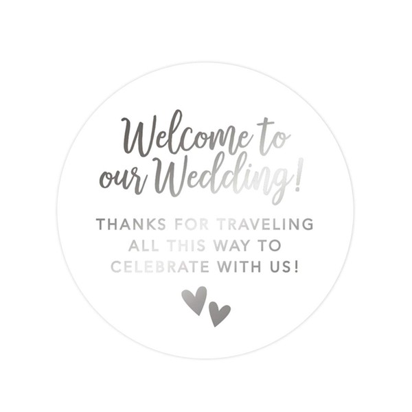 Andaz Press Out of Town Bags Round Circle Gift Labels Stickers, Welcome to Our Wedding Thanks for Traveling to Celebrate with Us, Metallic Silver, 40-Pack, for Destination OOT Gable Boxes